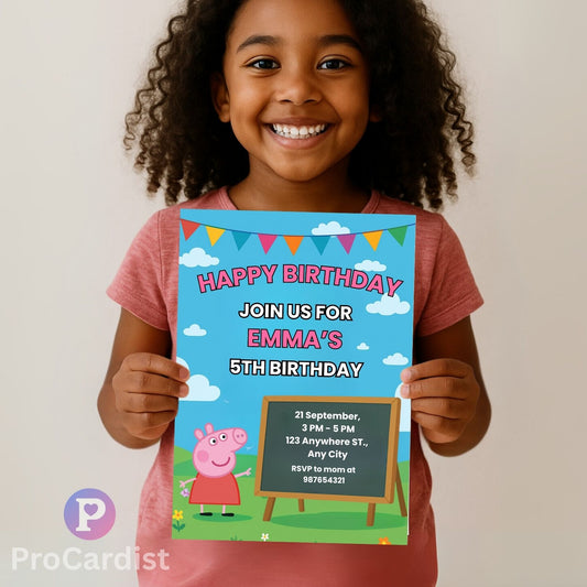 Peppa Pig birthday invitation template featuring colorful design and customizable details for kids' parties