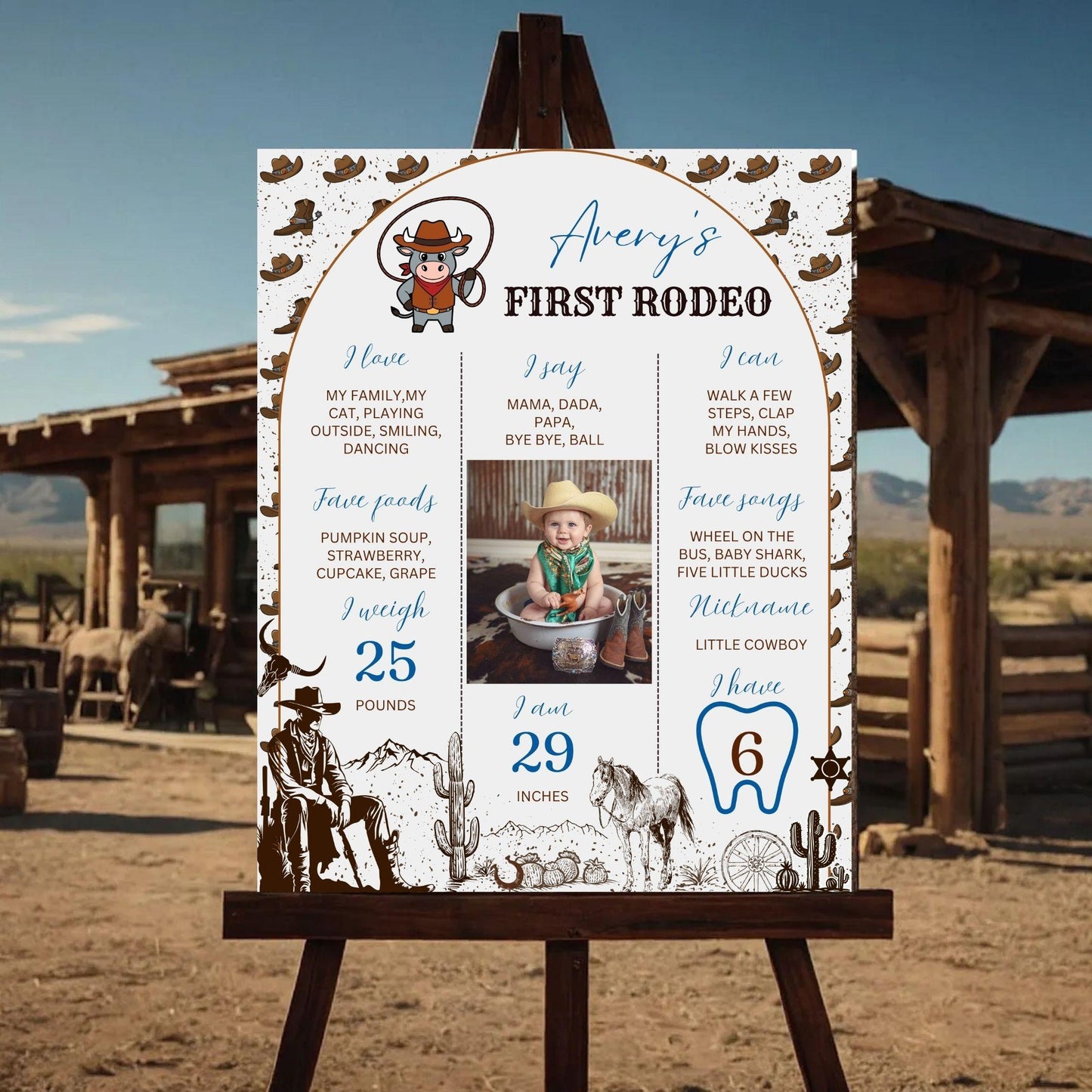Rustic rodeo baby milestone poster featuring first rodeo details and playful cowboy theme
