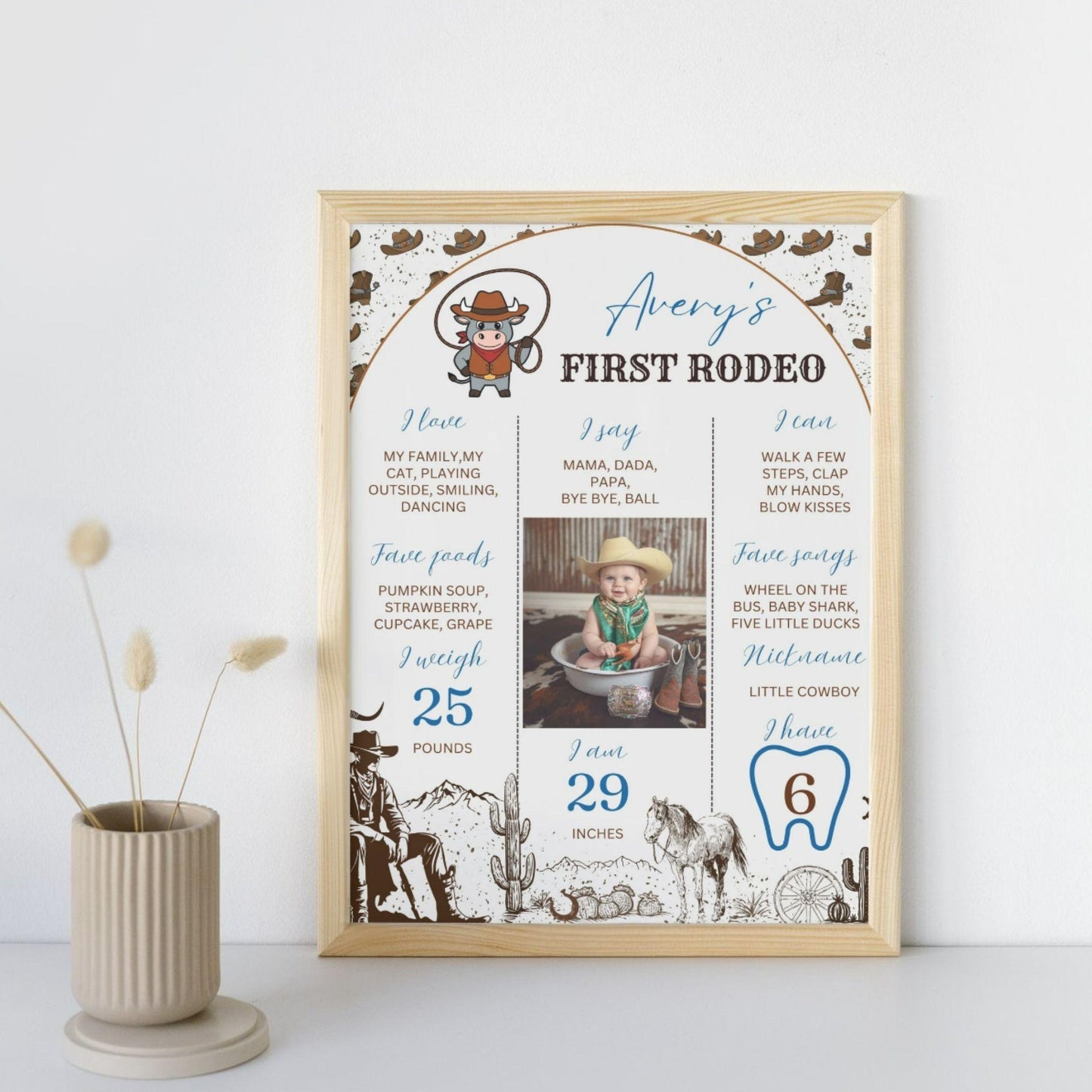 Rustic rodeo baby milestone poster featuring a cowboy theme and personalized details for special moments