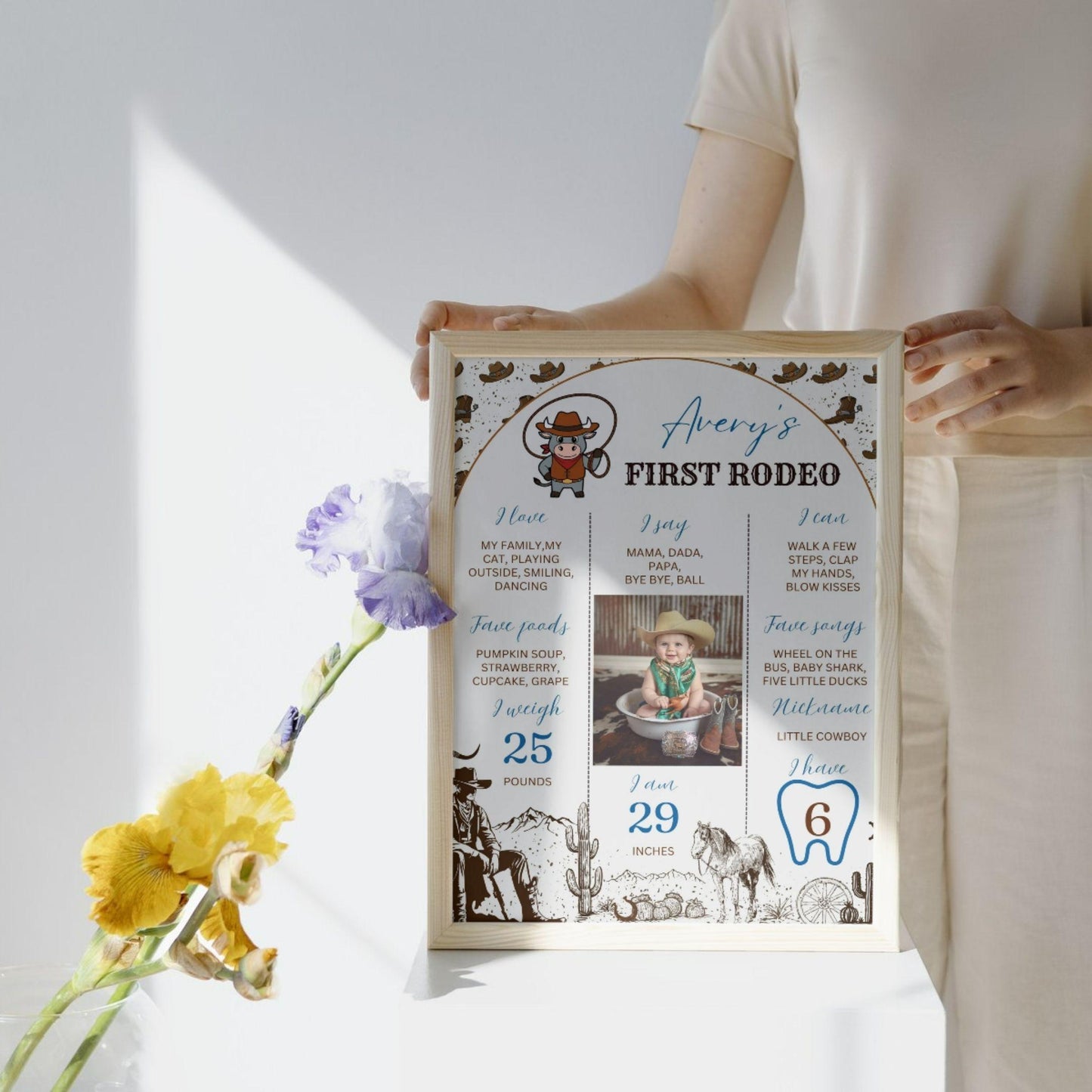 Rustic rodeo baby milestone poster featuring Avery's first rodeo with fun facts and measurements