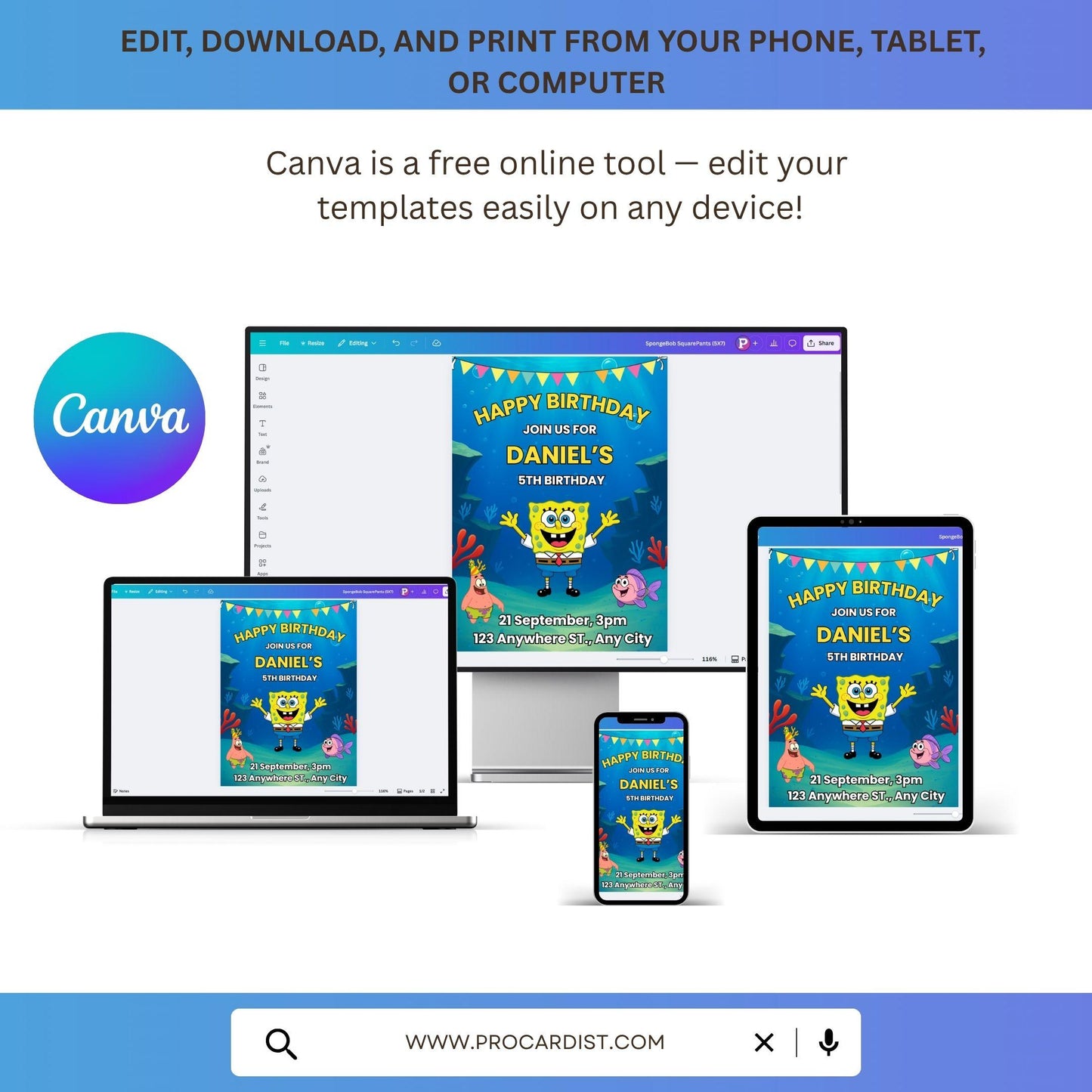 SpongeBob birthday invitation editable shown on laptop tablet phone and desktop mockups in Canva by ProCardist