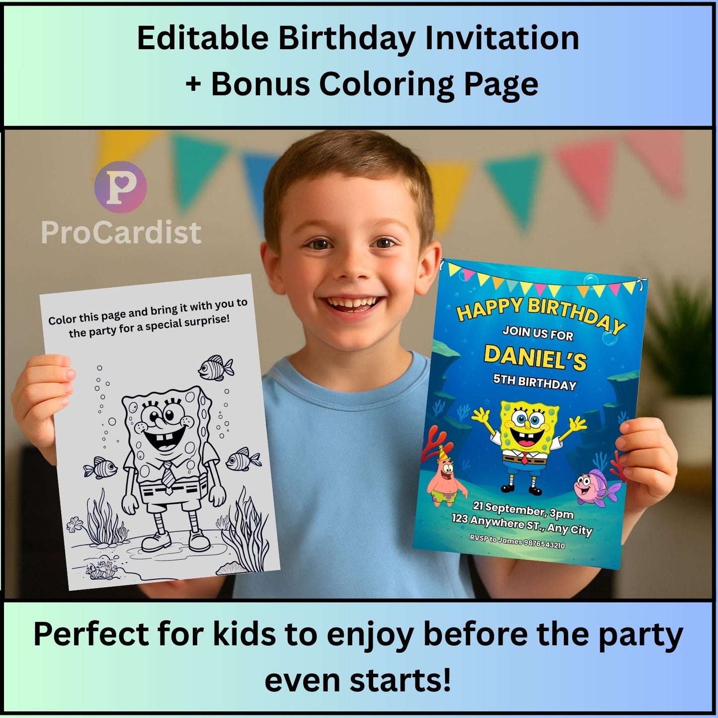 Smiling child holding a SpongeBob birthday invitation editable card and matching coloring page by ProCardist
