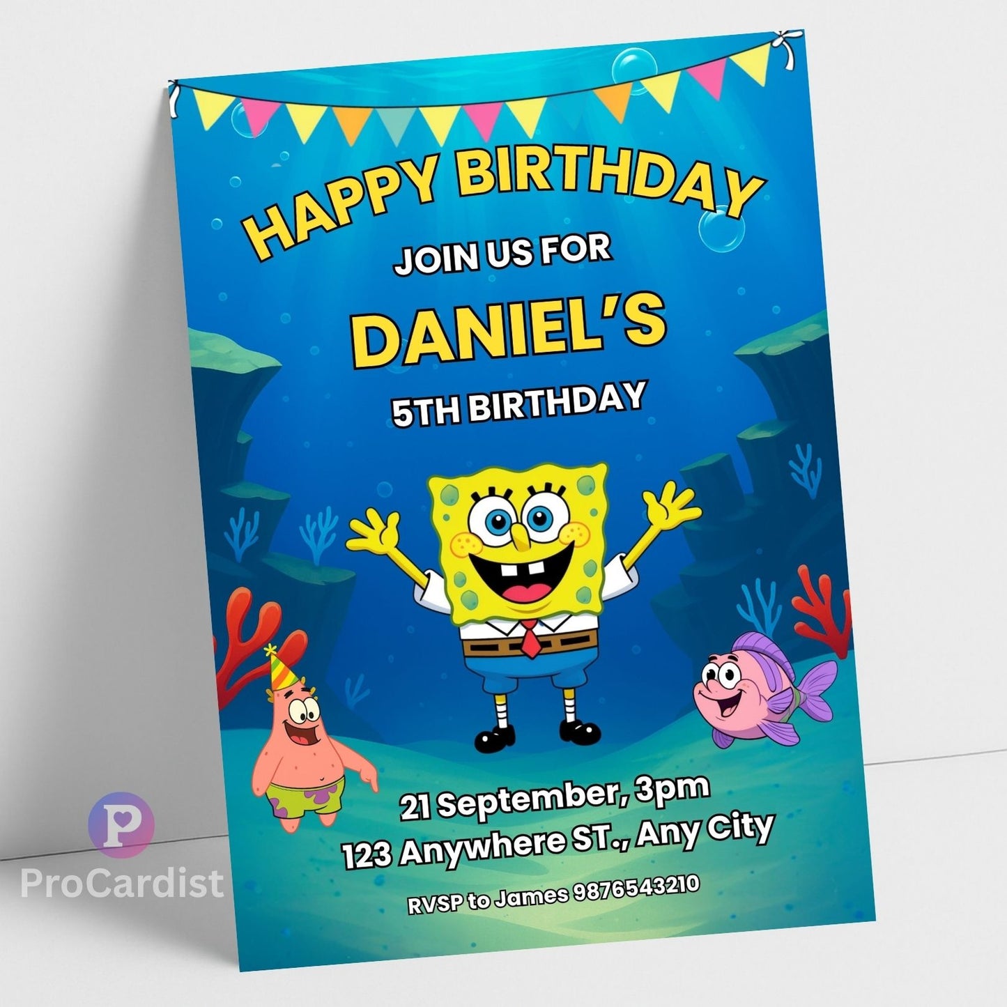 SpongeBob birthday invitation editable featuring SpongeBob center with Patrick and fish underwater scene Daniel age 5 details