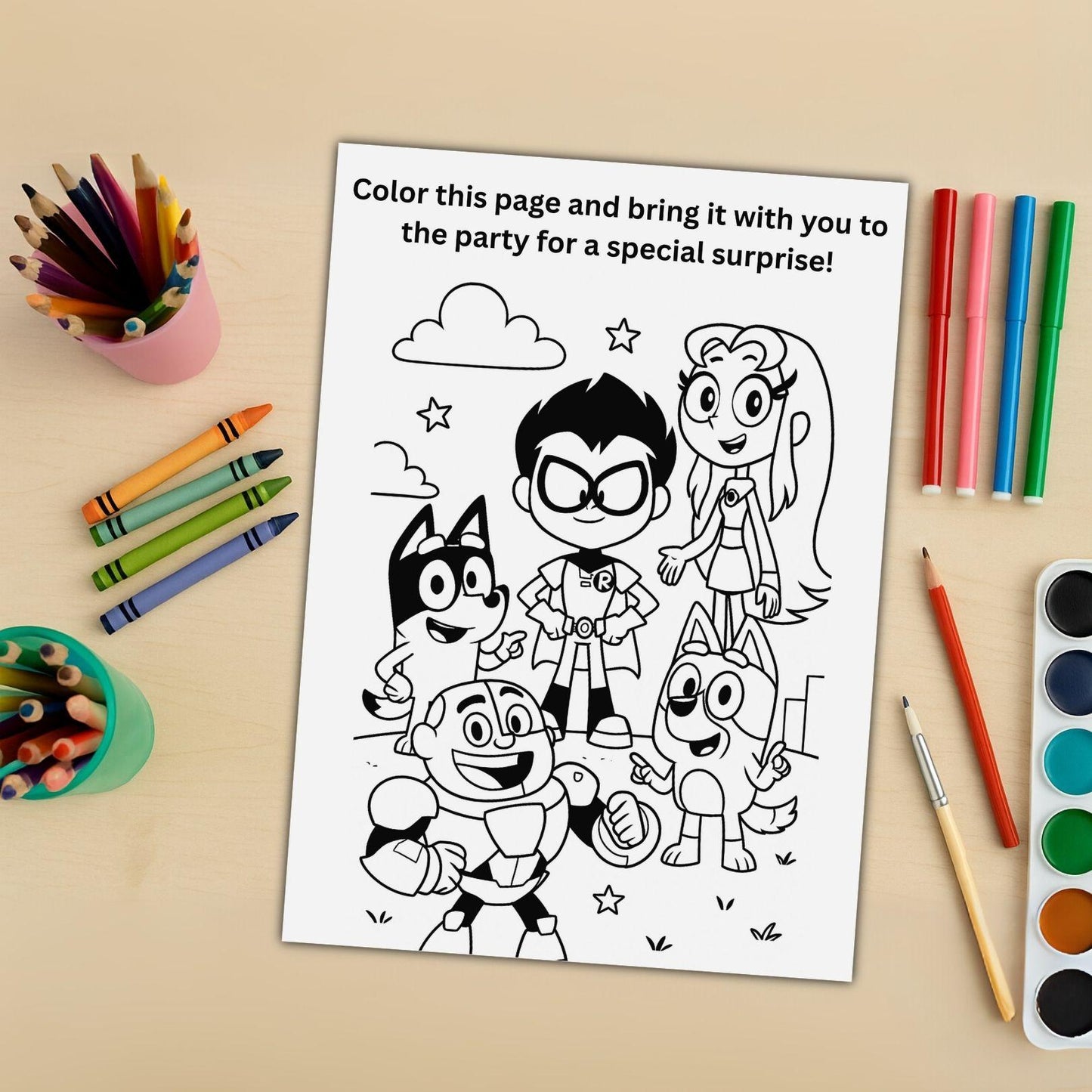 Printable Teen Titans Go birthday invitation coloring page featuring Robin Starfire Cyborg Beast Boy and crayons