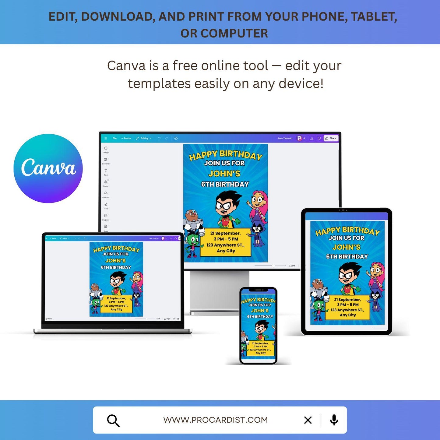 ProCardist Teen Titans Go birthday invitation template displayed on desktop laptop tablet and smartphone editable in Canva