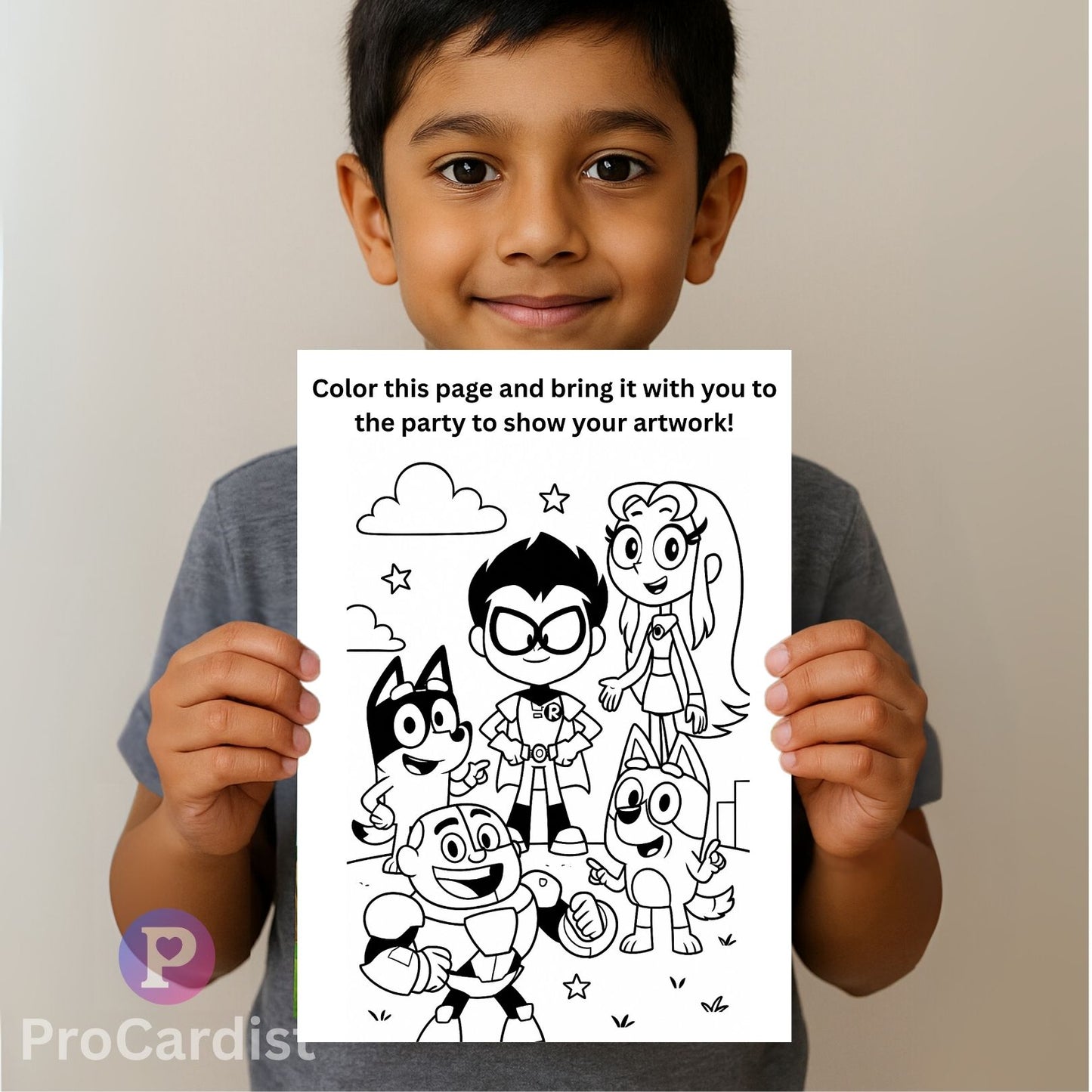 Child holding a Teen Titans Go birthday invitation coloring page for party enjoyment