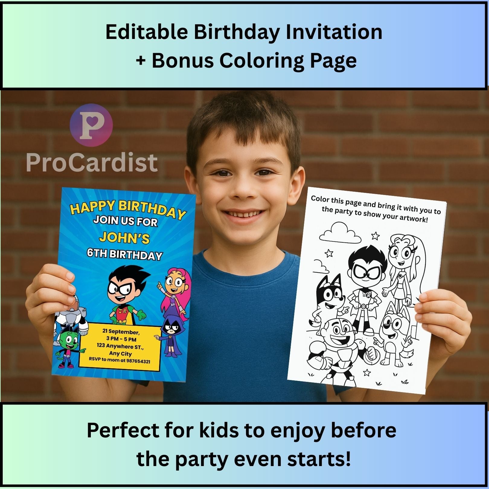 Editable Teen Titans Go birthday invitation and bonus coloring page for kids' parties