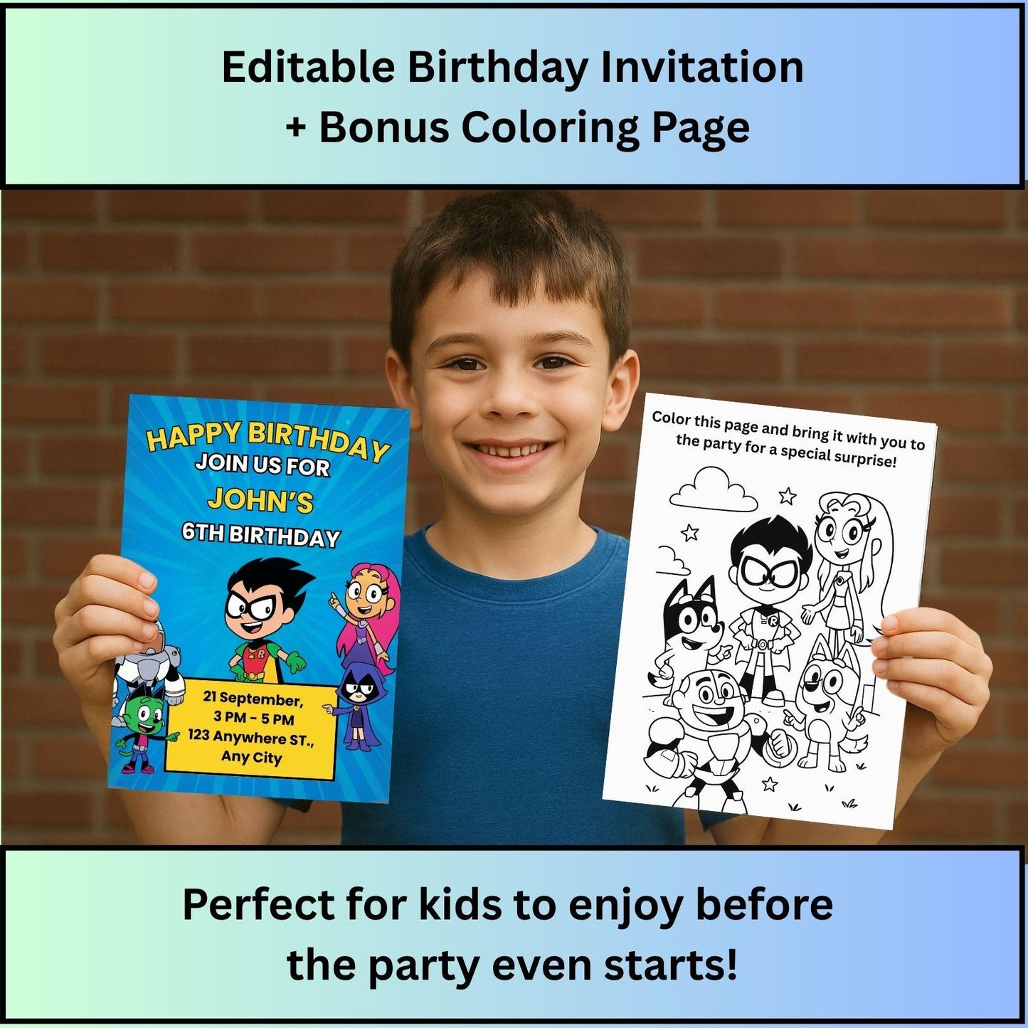 Smiling boy holding a Teen Titans Go birthday invitation and matching black and white coloring page