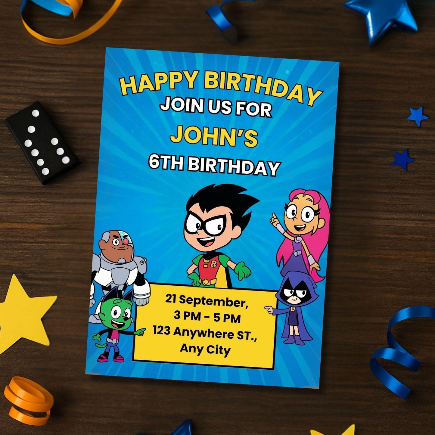 Teen Titans Go birthday invitation featuring Robin Starfire Raven Beast Boy and Cyborg on blue party card