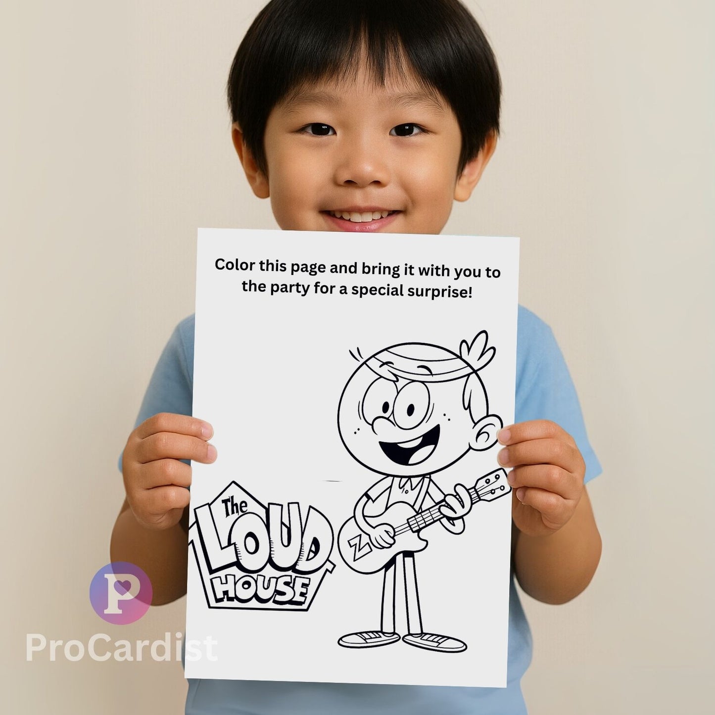 Child holding a printable coloring page with cartoon musician and The Loud House birthday invitation template by ProCardist