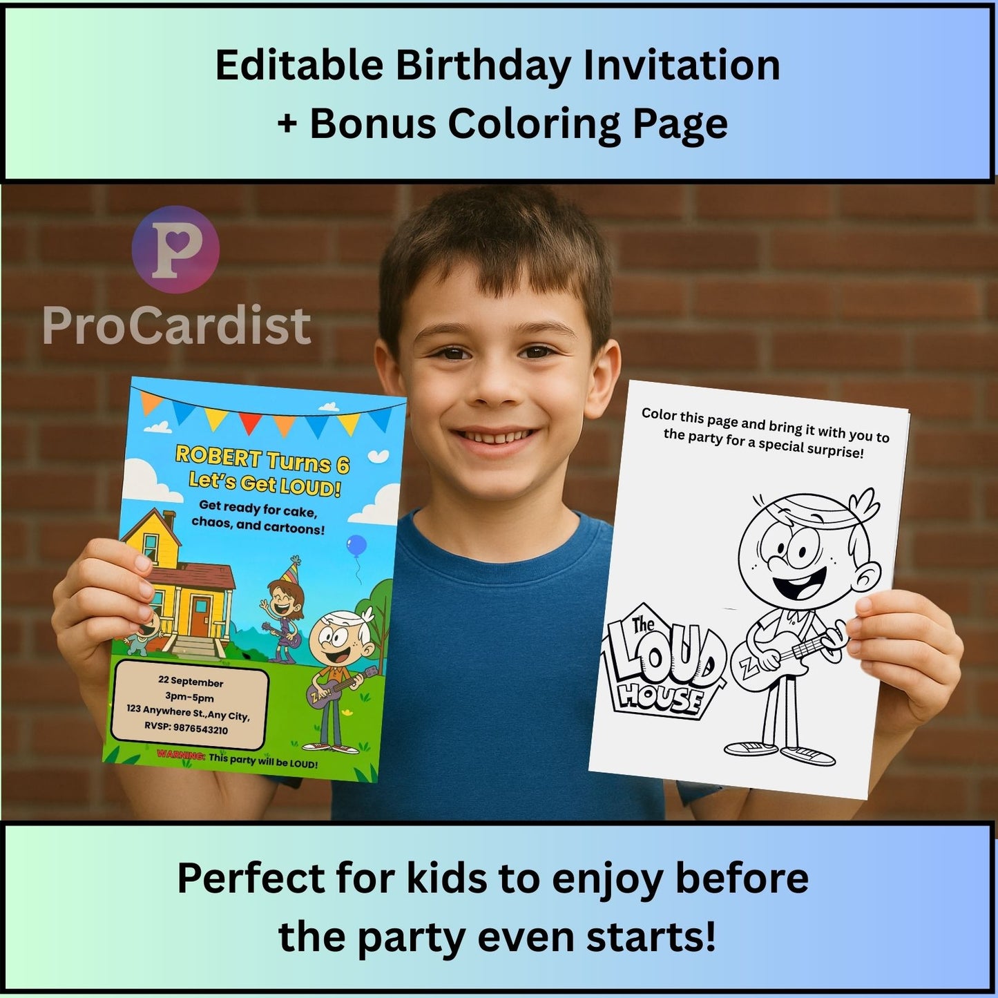 Smiling boy holding colorful ProCardist birthday invite and coloring page The Loud House birthday invitation template