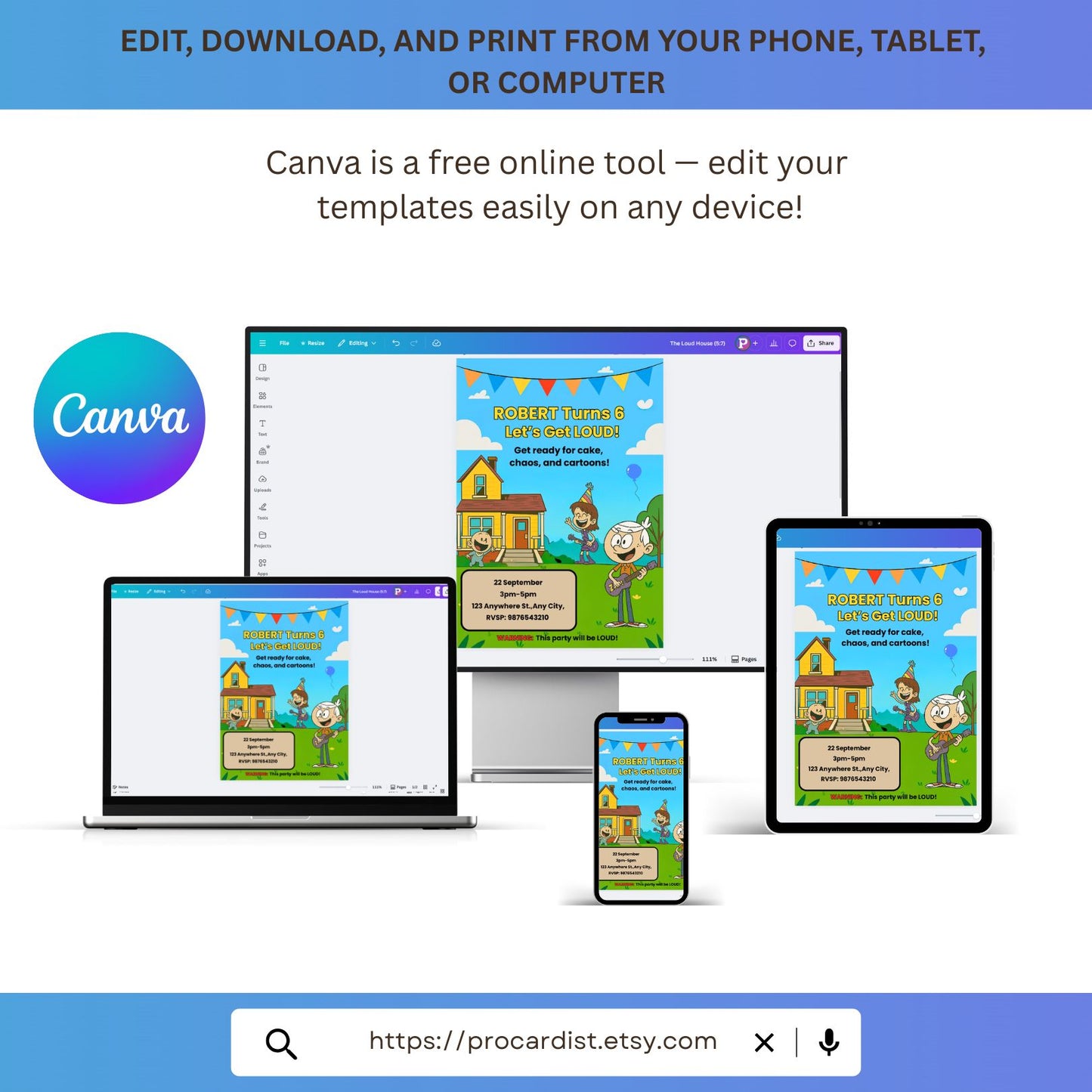 ProCardist Canva mockup showing The Loud House birthday invitation template on phone tablet laptop and desktop for printing