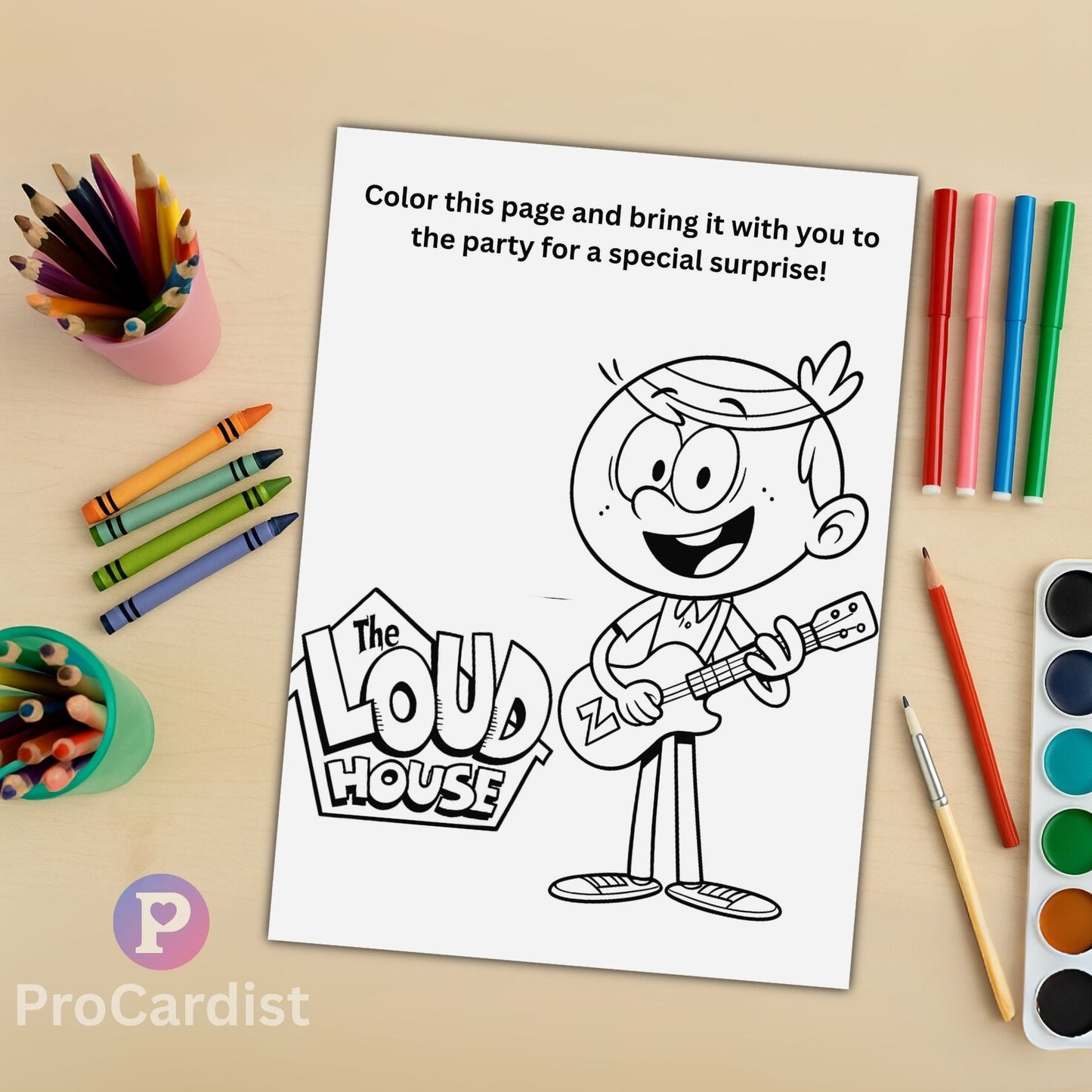 The Loud House birthday invitation template printable coloring page with Lincoln holding a ukulele and art supplies by ProCardist