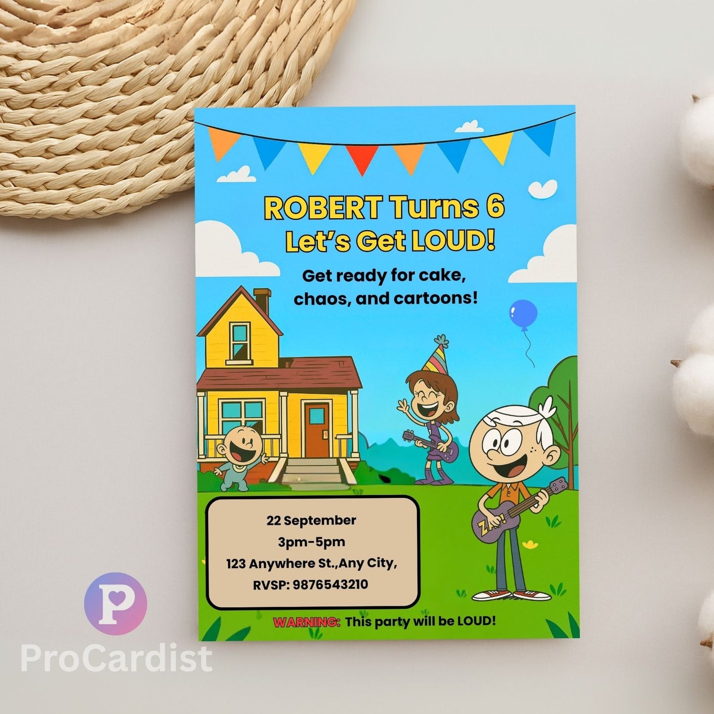 ProCardist The Loud House birthday invitation template colorful cartoon house characters party details editable