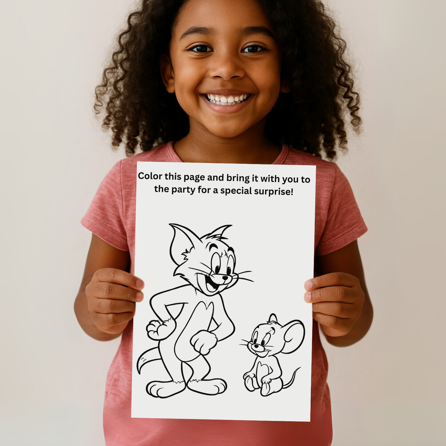 Smiling child holds ProCardist Tom and Jerry birthday invitation template coloring page for party activity