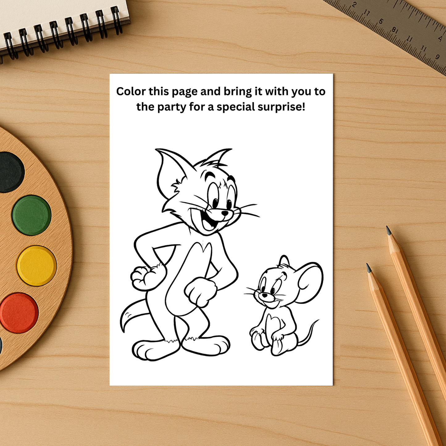 Tom and Jerry birthday invitation template printable coloring page showing Tom and Jerry line art on desk