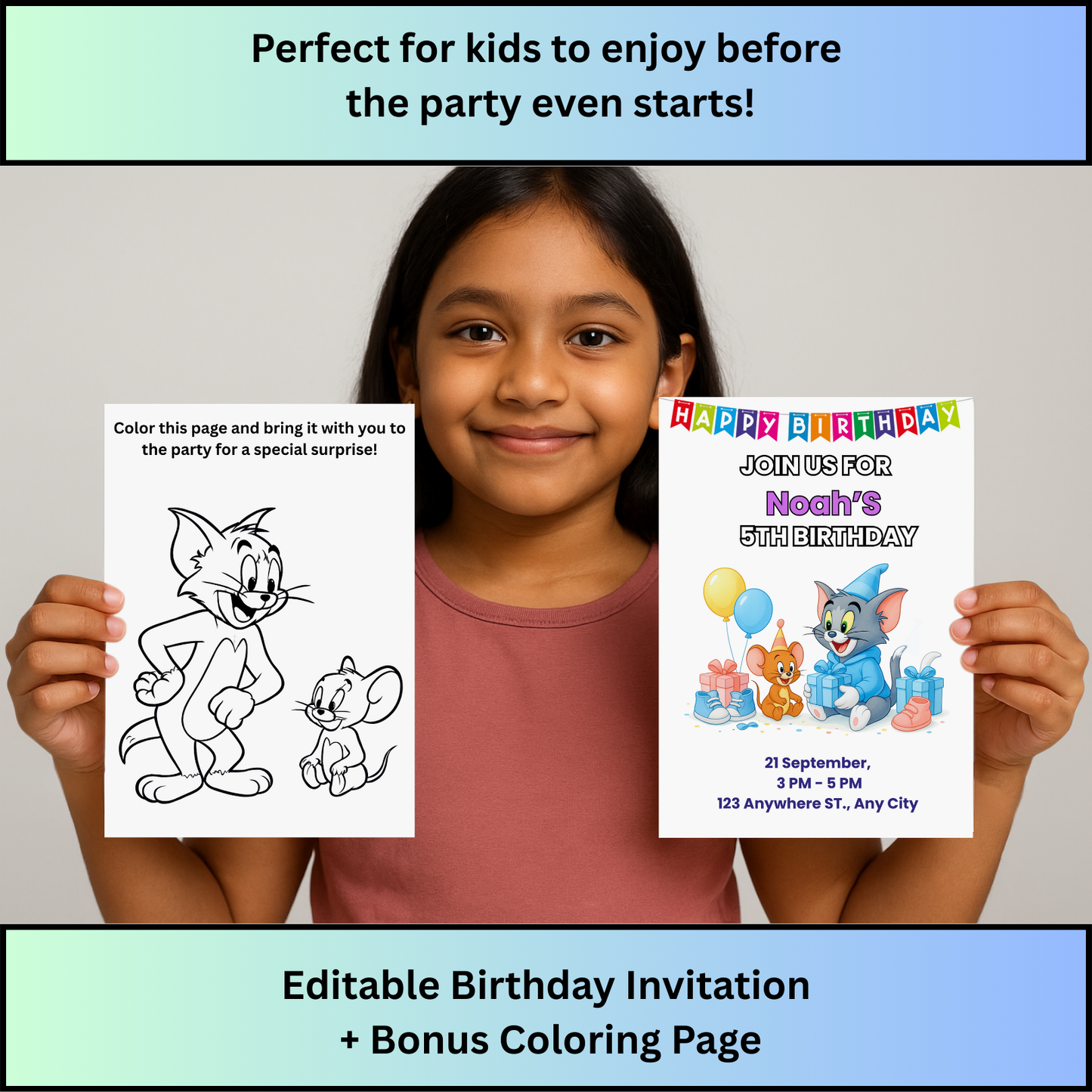 Smiling child holding ProCardist Tom and Jerry birthday invitation template with colorful invite and bonus coloring page