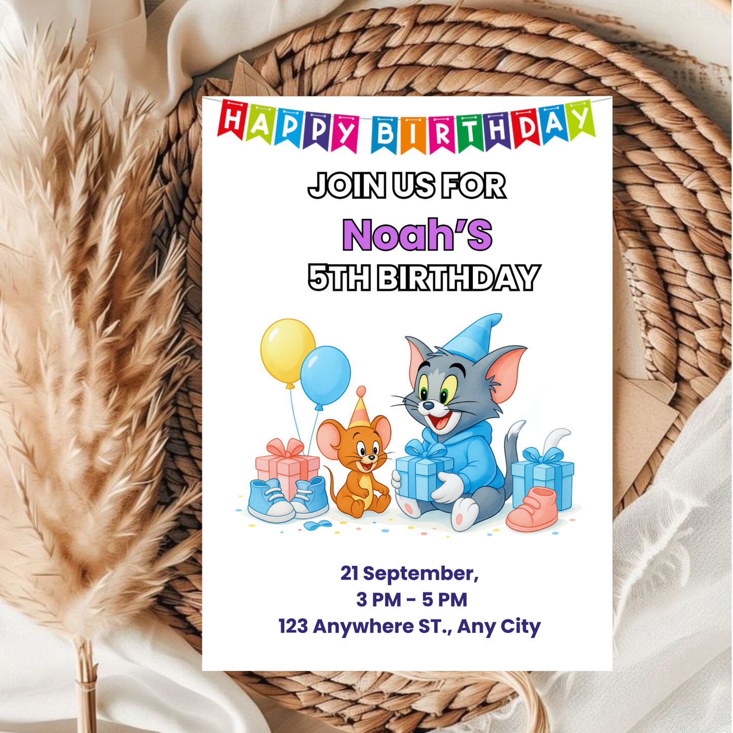 Tom and Jerry birthday invitation template featuring Tom and Jerry with balloons gifts colorful Happy Birthday banner