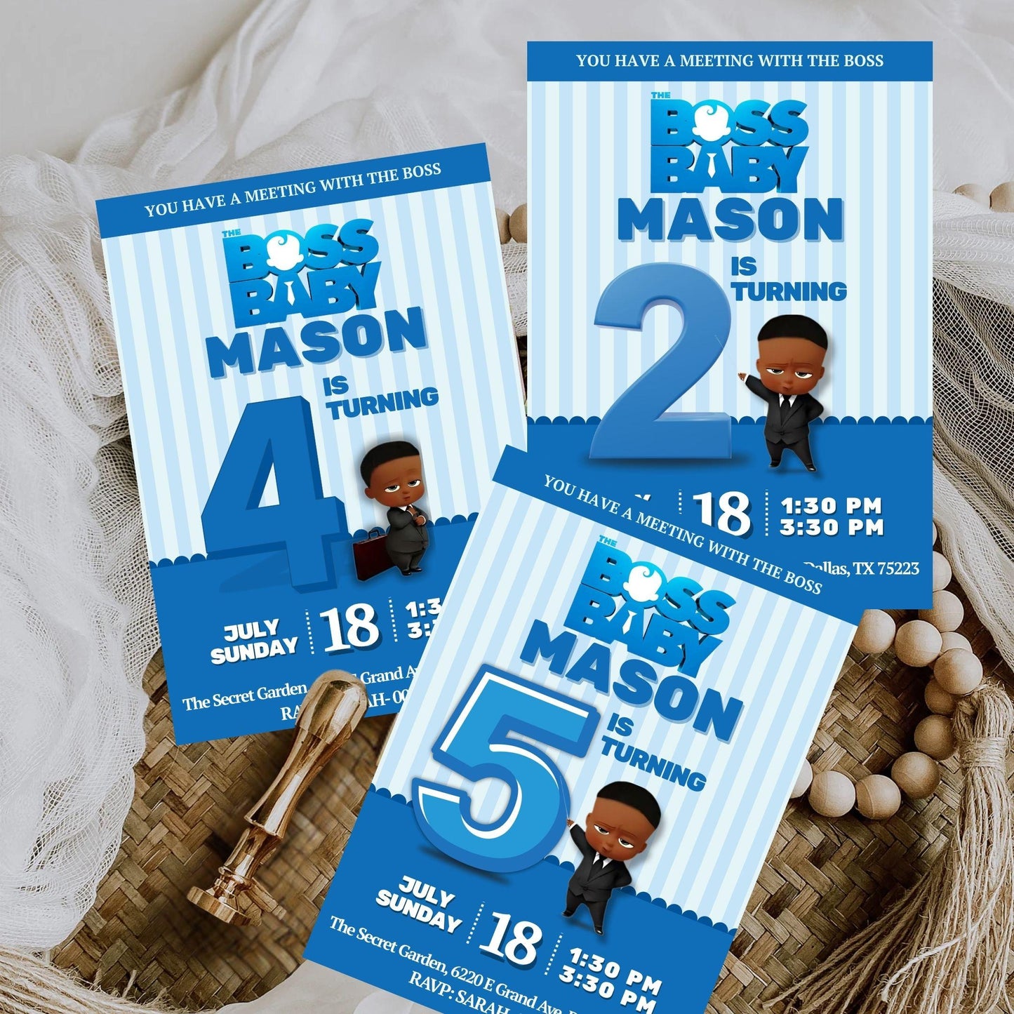 Boss Baby birthday invitation template featuring cartoon boss character with blue and white striped background for ages 2, 4, and 5