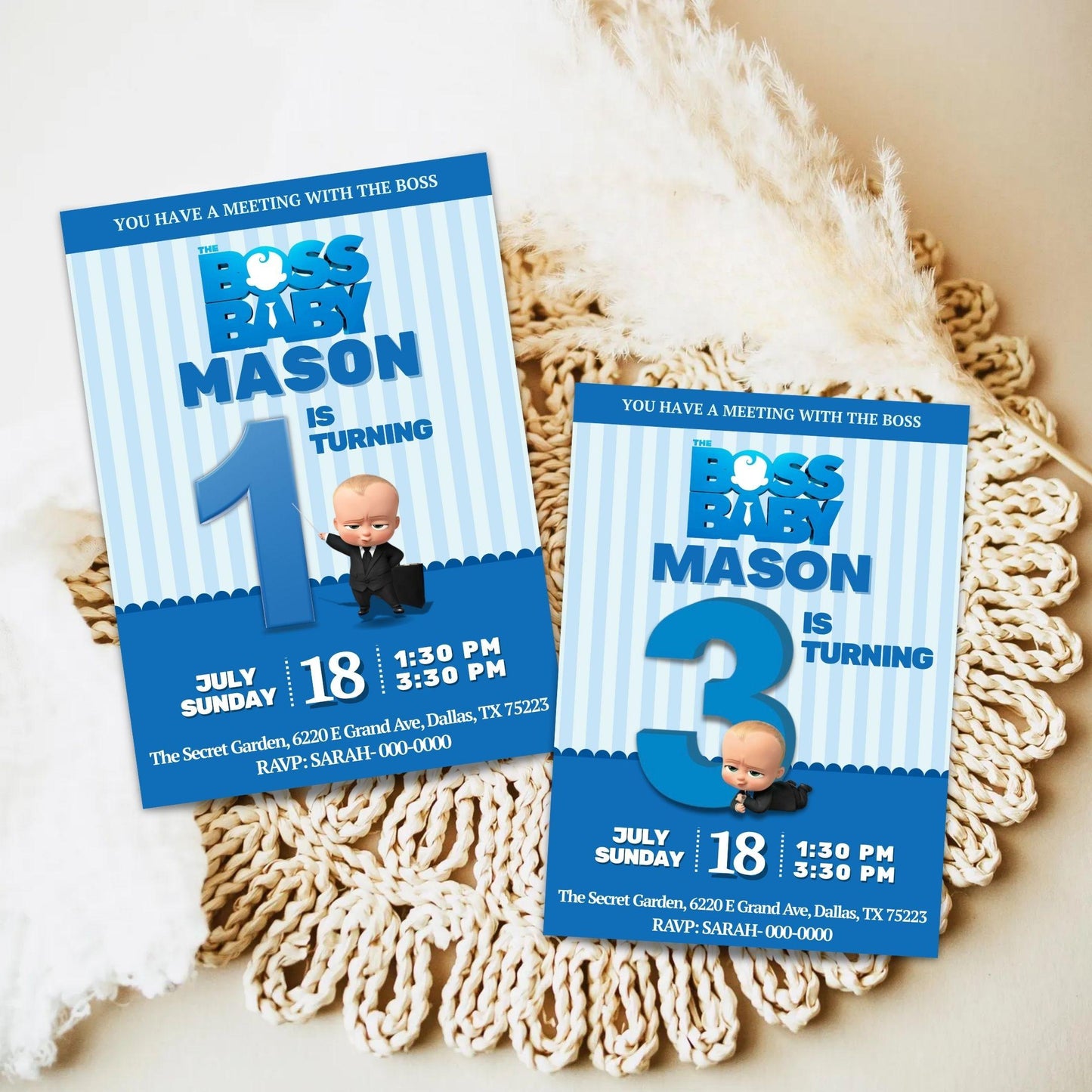 Boss Baby birthday invitation template featuring blue stripes and cartoon baby boss character for Mason's party