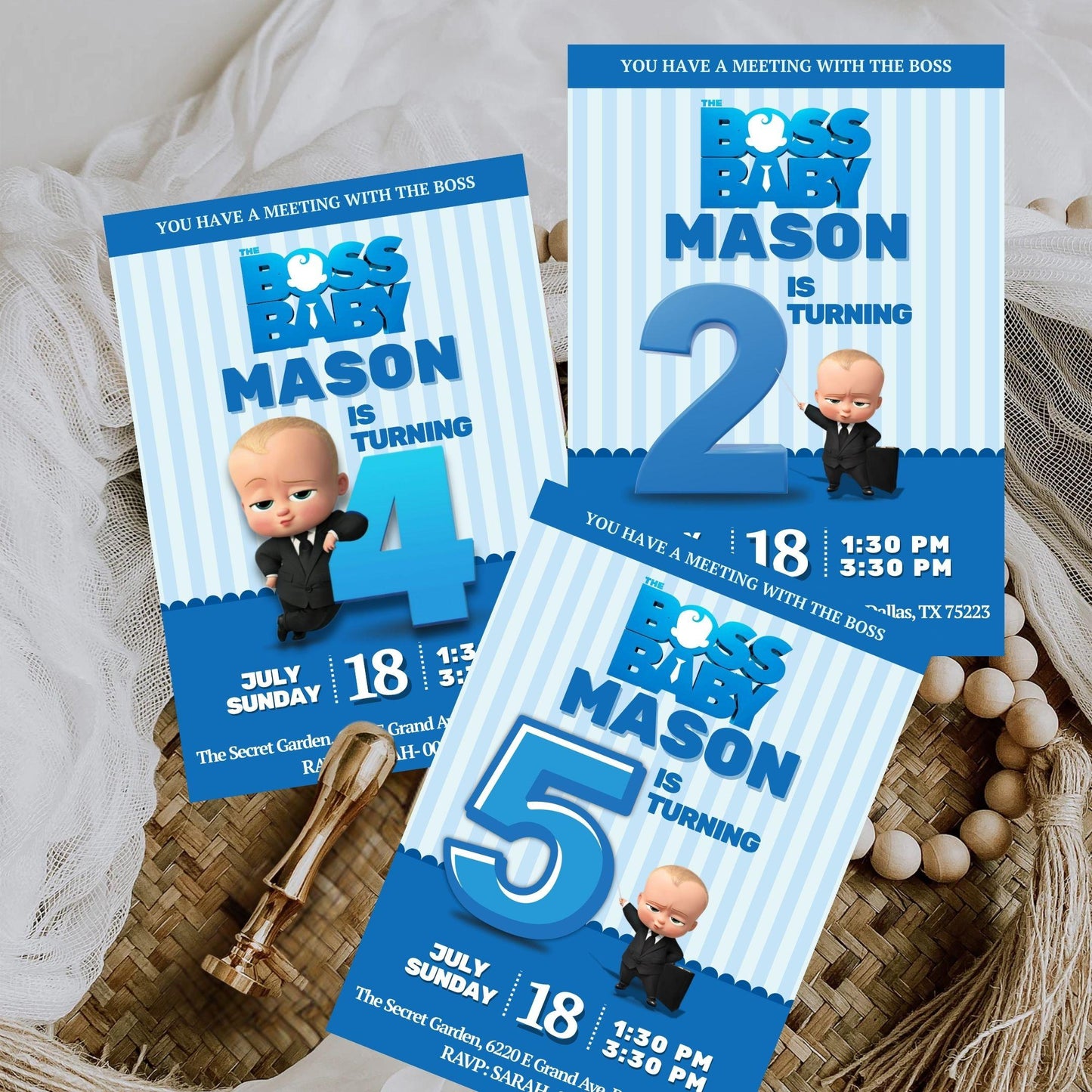 Boss Baby birthday invitation template featuring cartoon baby in suit with blue striped background for ages 2 4 and 5