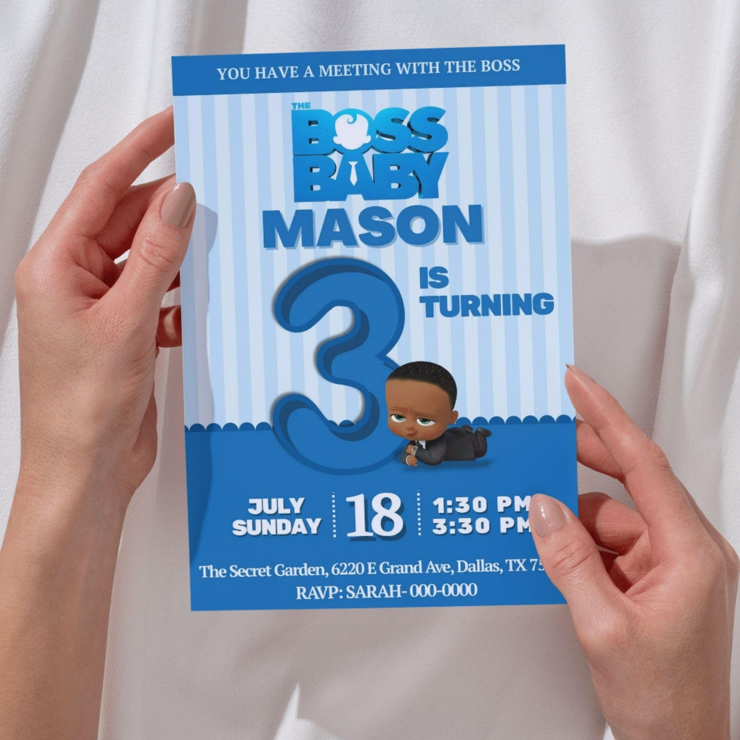 Boss Baby birthday invitation template with blue stripes featuring a cartoon baby and birthday details