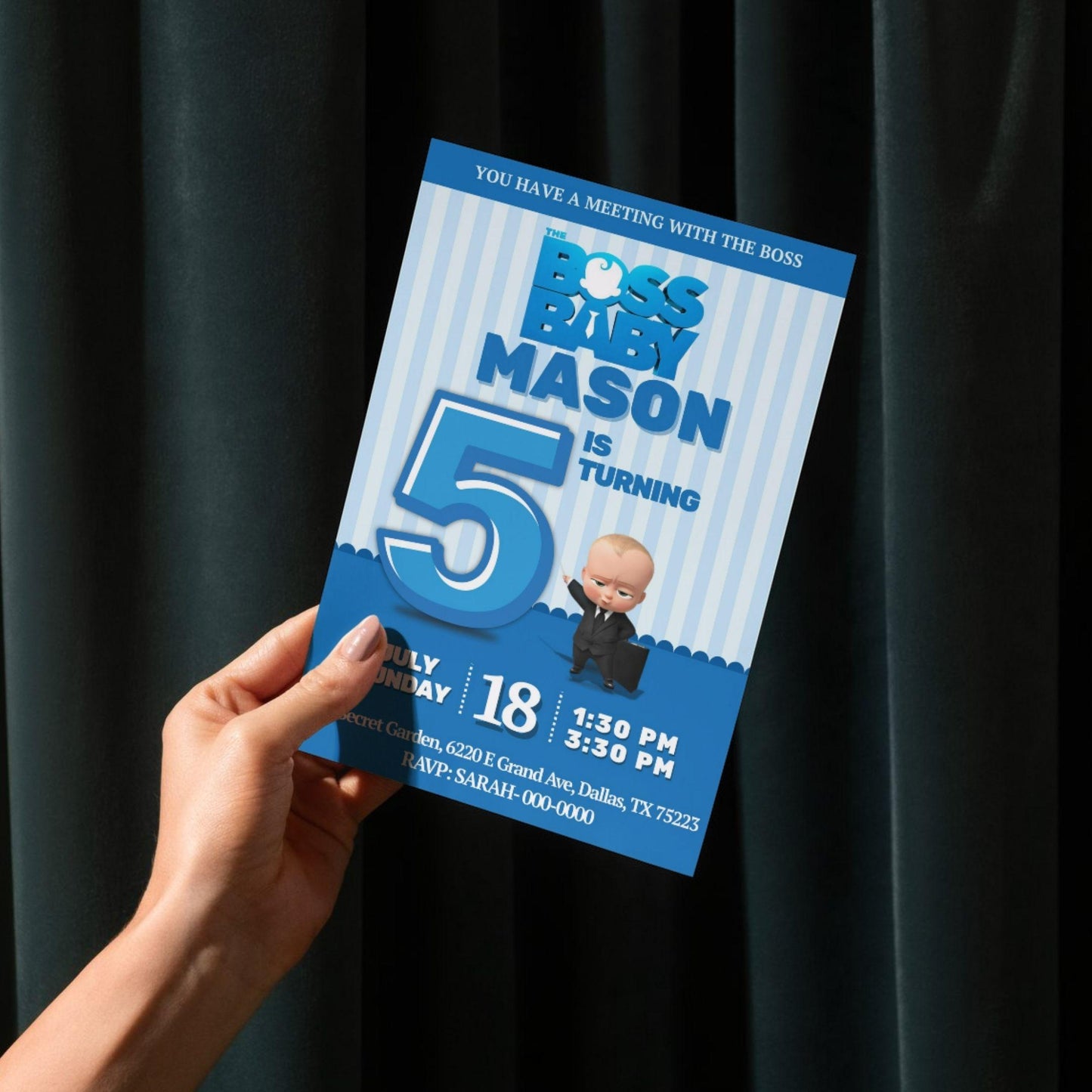 Boss Baby birthday invitation template with blue stripes and cartoon character for a 5th birthday party