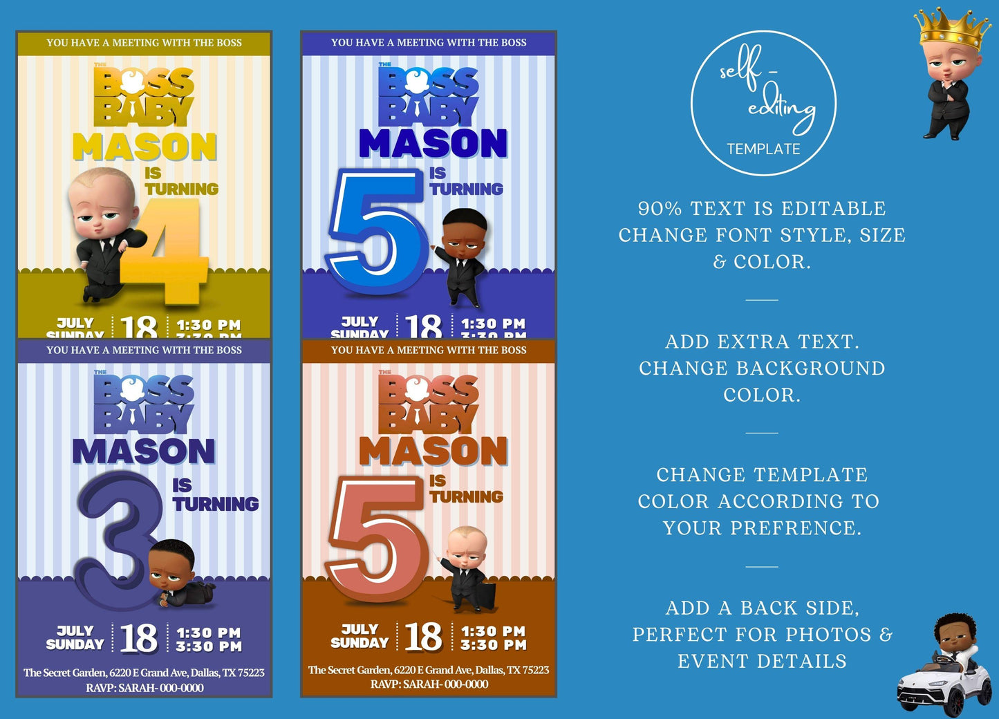 ProCardist Boss Baby birthday invitation template with editable text and four colorful design options