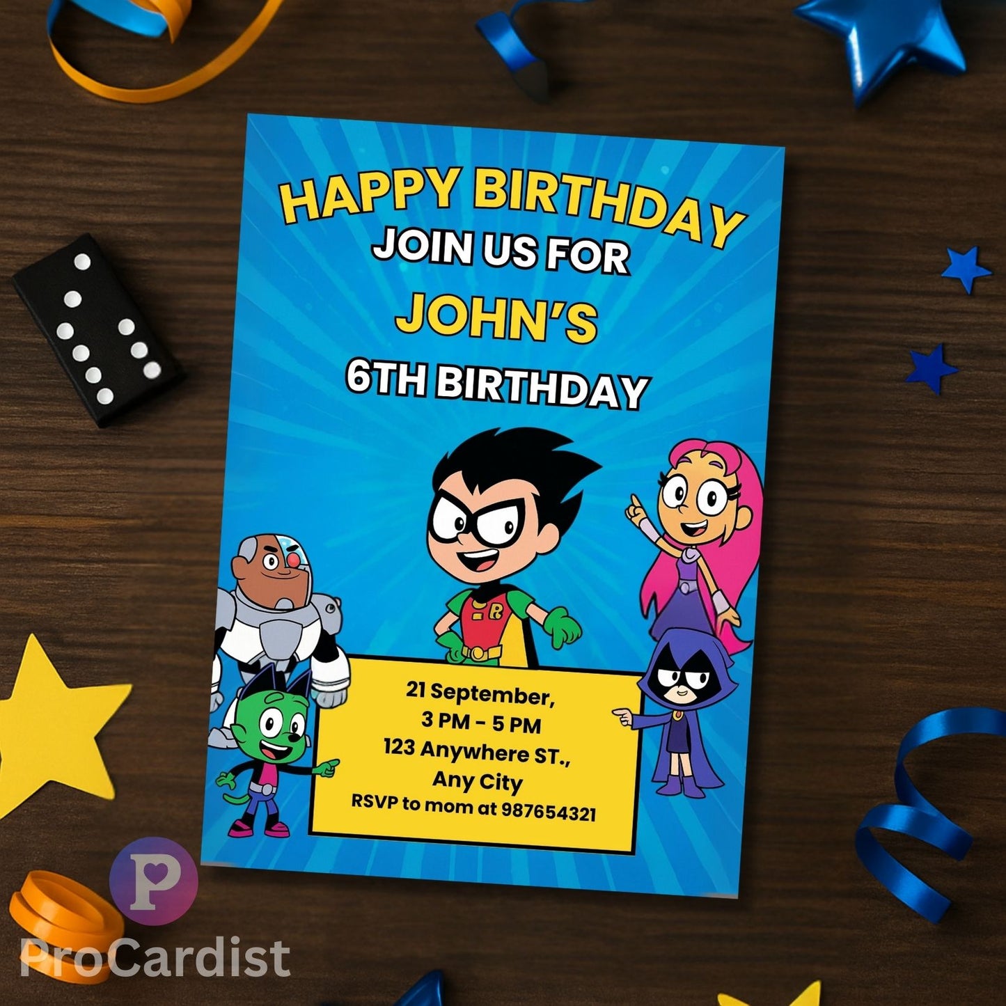 Teen Titans Go birthday invitation for John's 6th birthday featuring colorful characters and party details