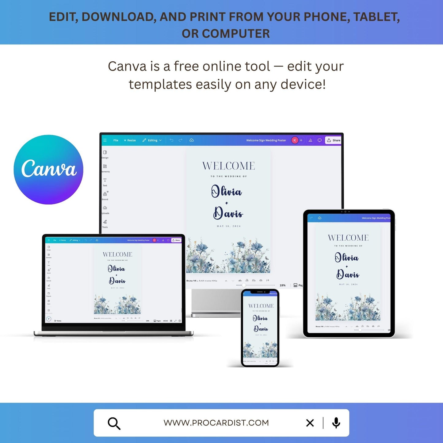 24x36 wedding welcome poster template displayed on various devices for easy editing and printing