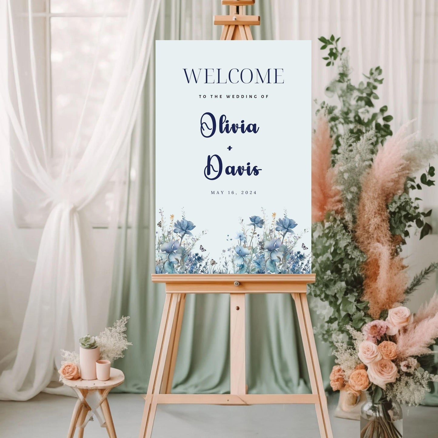 24x36 wedding welcome poster featuring elegant floral design for Olivia and Davis wedding ceremony