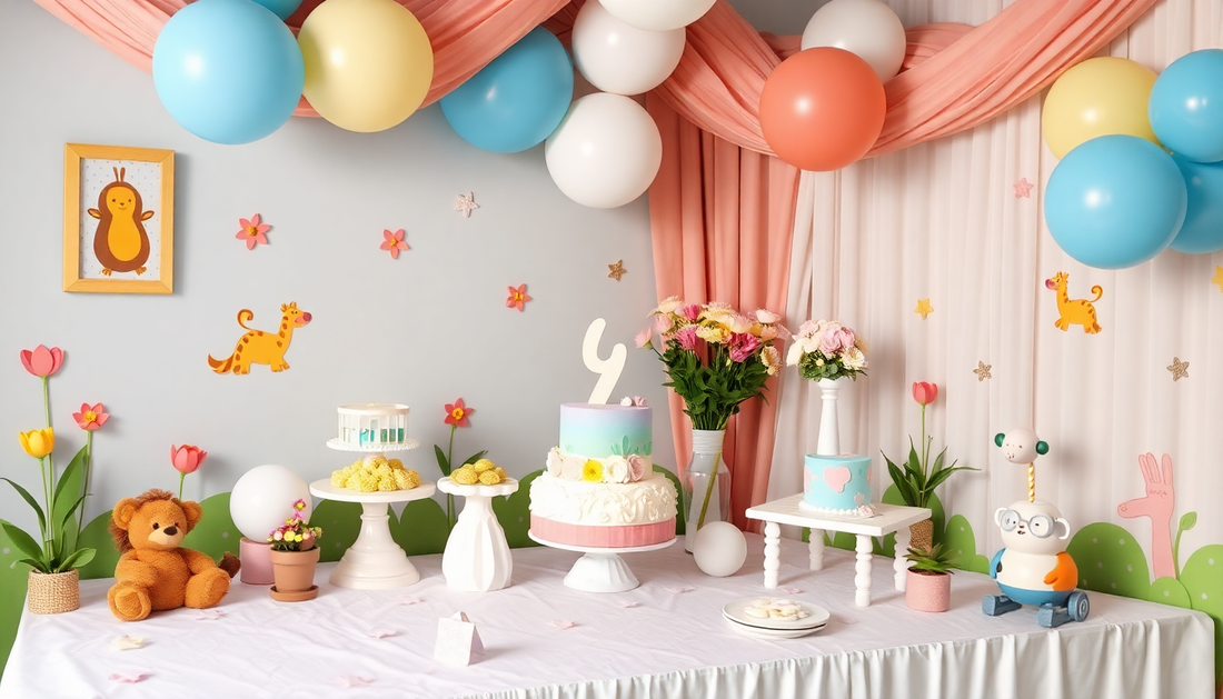 Colorful birthday party setup featuring creative party invitation templates, balloons, and a cake