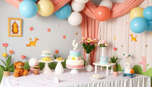 Colorful birthday party setup featuring creative party invitation templates, balloons, and a cake