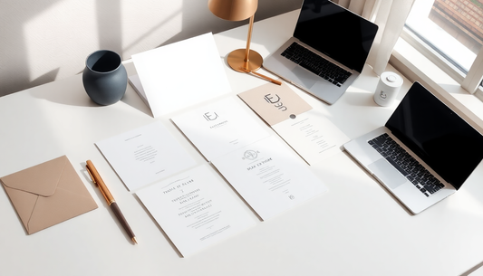 Elegant workspace showcasing digital invitation templates on a minimalistic desk with a laptop and stationery