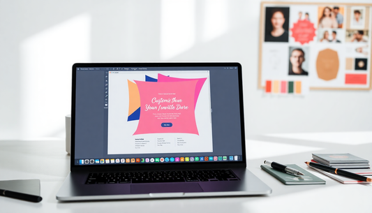 Laptop Displaying a Customizable Flyer Design for Events on a Clean Workspace