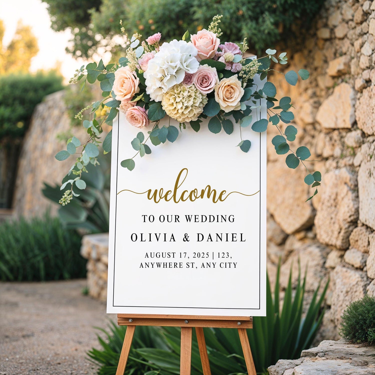 Customizable editable welcome signs for weddings, birthdays, and special events with floral decoration