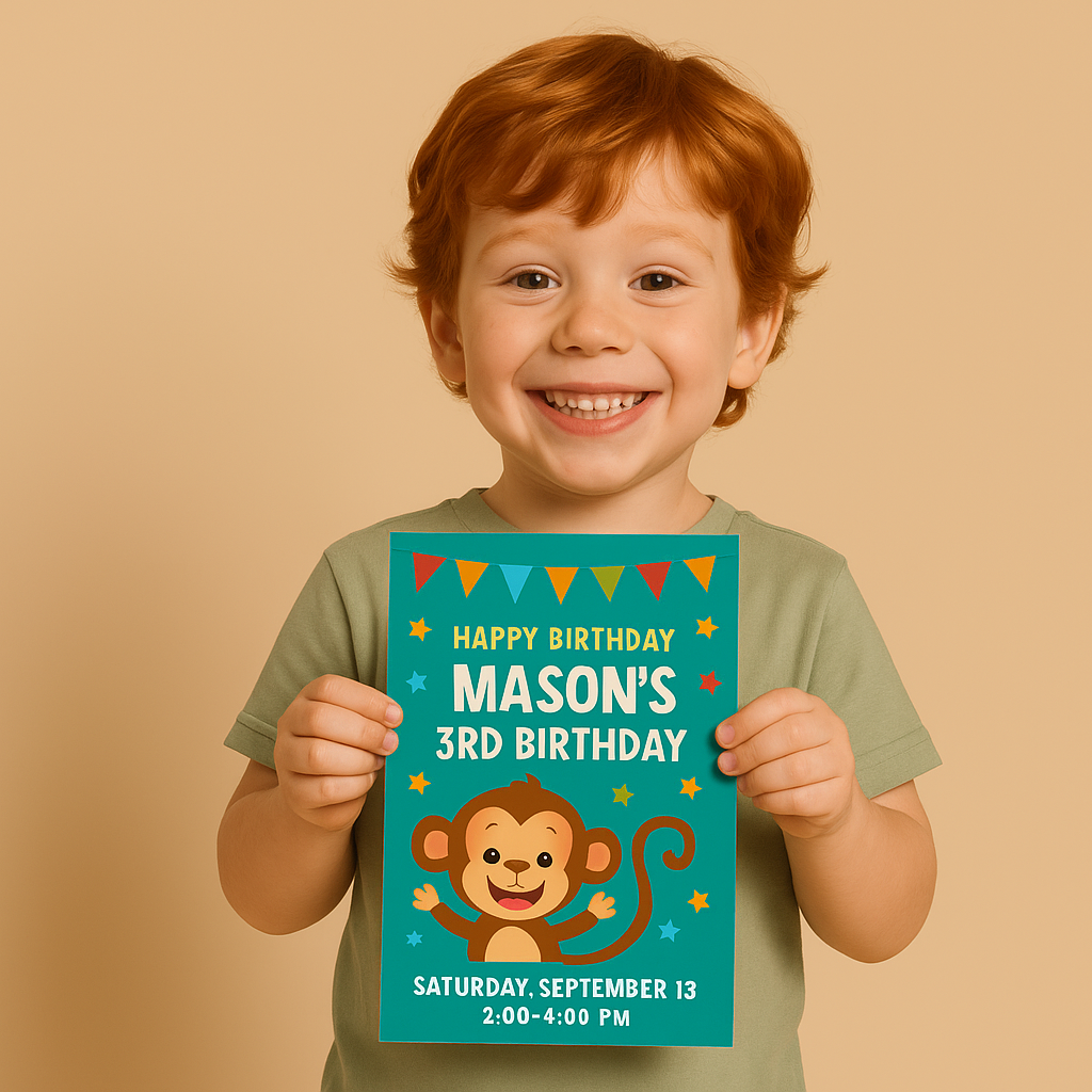Red haired boy holding an editable birthday invitation template with monkey design and colorful party graphics