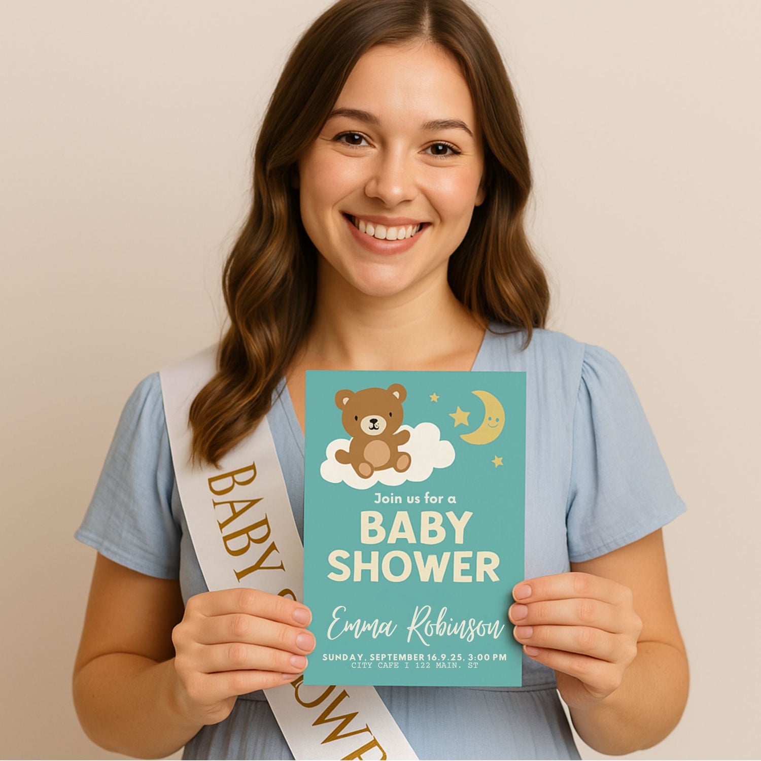 Charming baby shower scene with editable baby shower templates, featuring teddy bears and colorful decorations