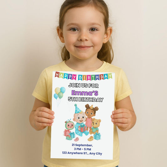 Cocomelon Birthday Invitation + Bonus Coloring Page – Fully Editable Canva Template