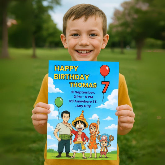 One Piece Birthday Invitation + Bonus Coloring Page – Fully Editable Canva Template