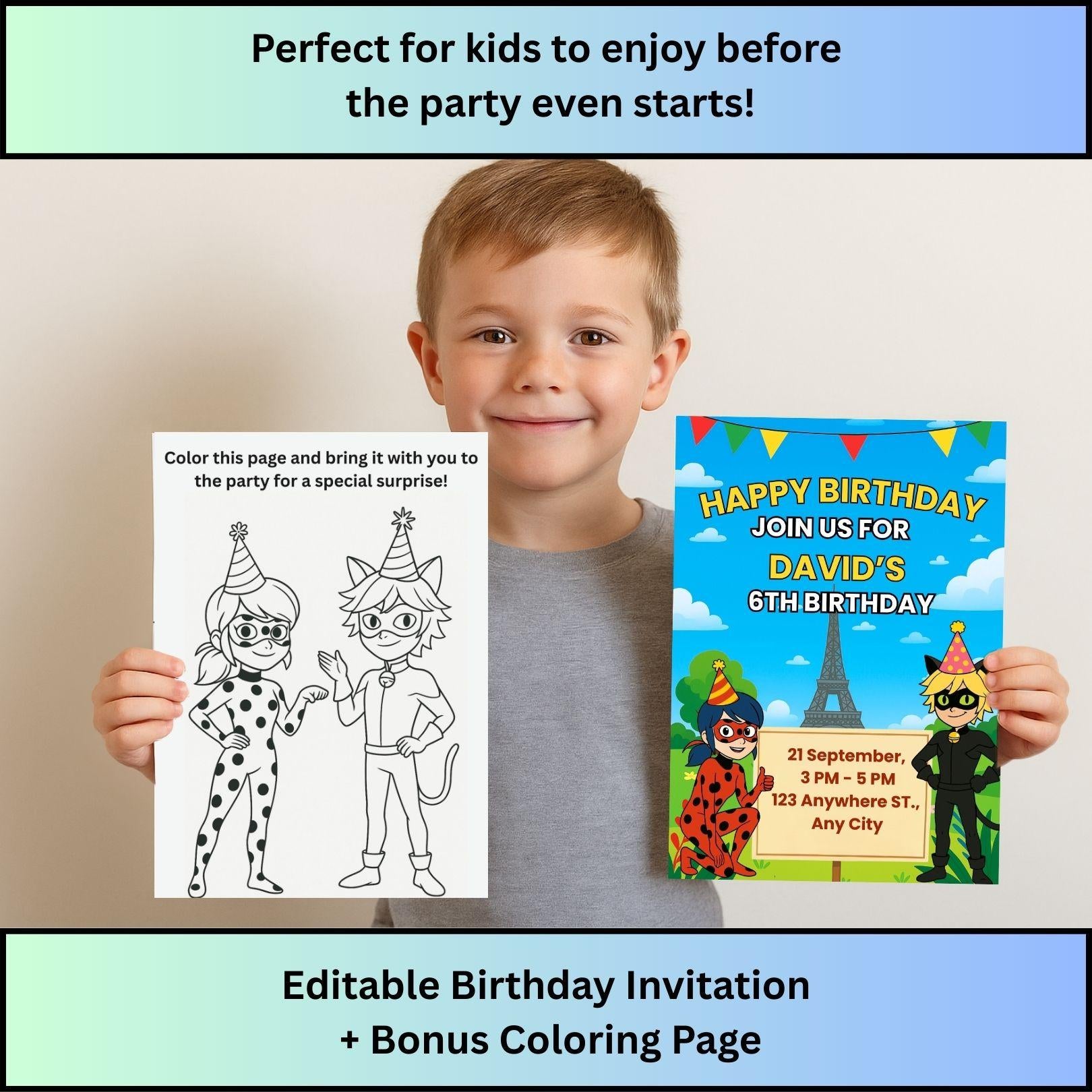 Miraculous Ladybug birthday invitation set with editable party invite and bonus coloring page held by child