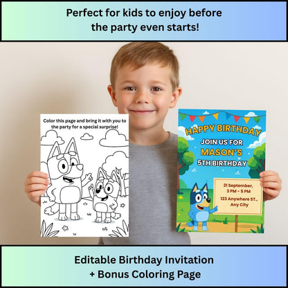 Bluey Birthday Invitation + Bonus Coloring Page – Editable Digital Template