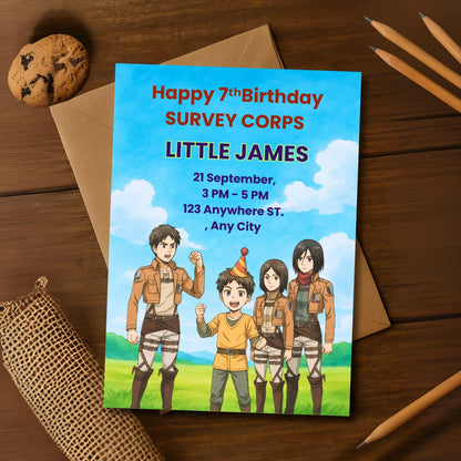 Attack on Titan Birthday Invitation + Bonus Coloring Page – Fully Editable Canva Template