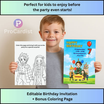 Boy holding an editable anime birthday invitation template with colorful anime characters and a bonus coloring page
