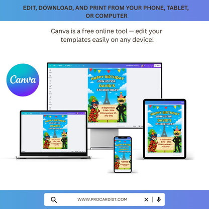 Miraculous Ladybug birthday invitation displayed on desktop laptop tablet and phone showing editable Canva template