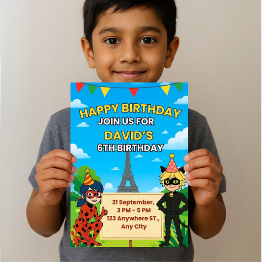 Miraculous Ladybug & Cat Noir Birthday Invitation + Bonus Coloring Page – Fully Editable Canva Template