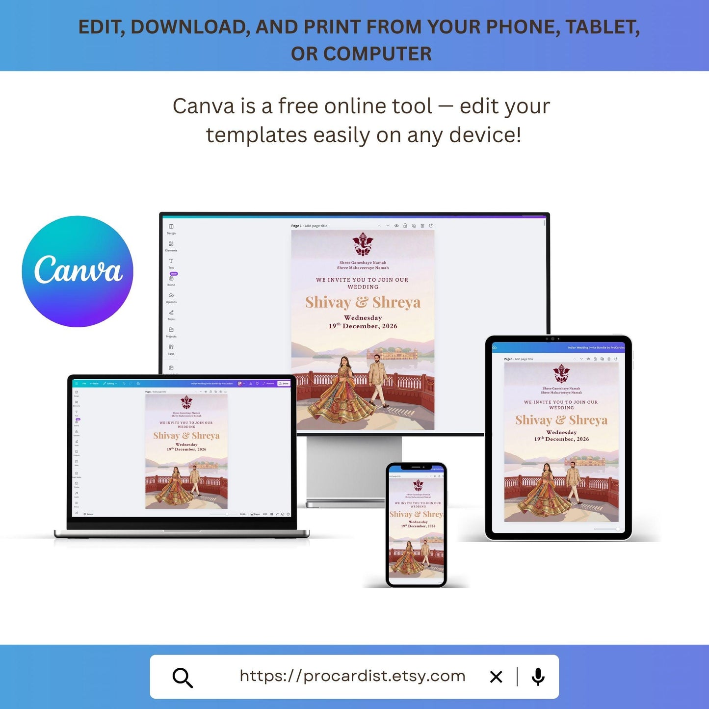 Luxury Indian Palace Theme Wedding Invitation Set | Self-Editable Canva E-Invite | Multi-Page Hindu Wedding Cards | Instant Digital Download