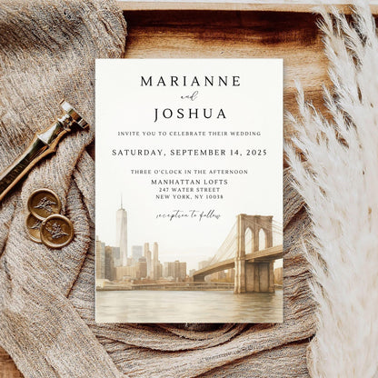 Best Personalized Wedding Invitation Template featuring editable names and Manhattan skyline design by ProCardist