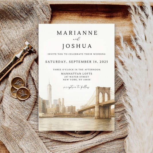 Best Personalized Wedding Invitation Template featuring editable names and Manhattan skyline design by ProCardist