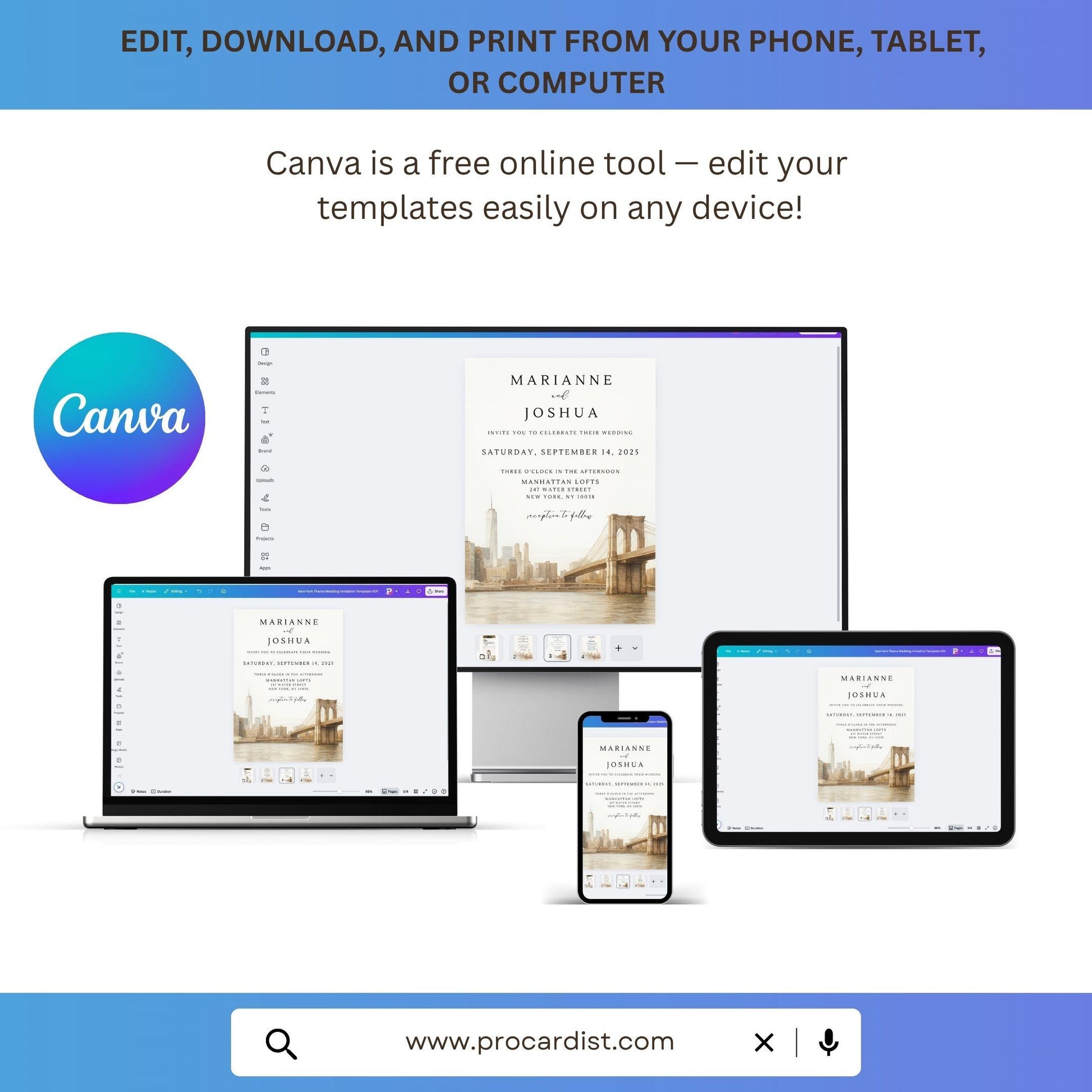 Best Personalized Wedding Invitation Template editable on Canva shown on laptop tablet and phone by ProCardist